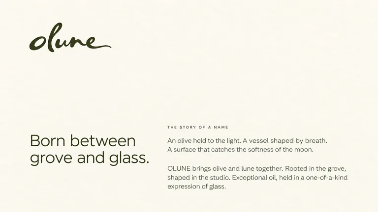 Olune brand story, born between grove and glass, on warm ivory paper