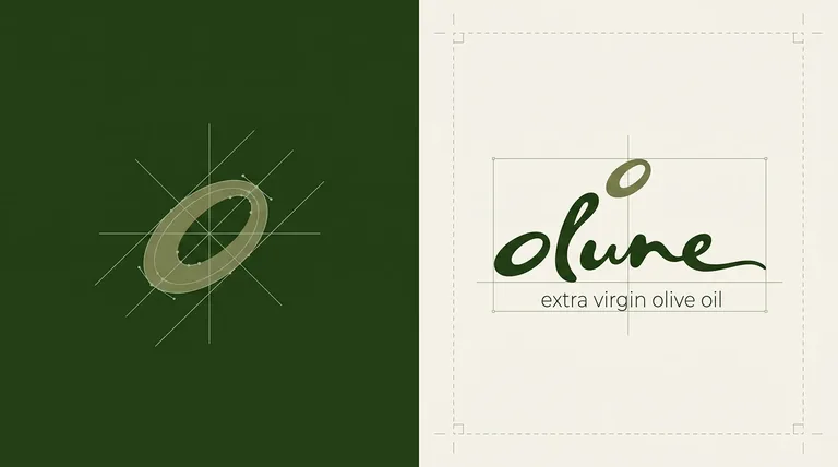 Olune olive emblem and script wordmark construction, selected final identity layout