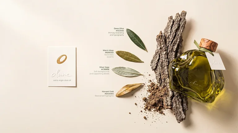 Olune materials and colour study, glass vessel, olives, wood, leaves and brand stationery