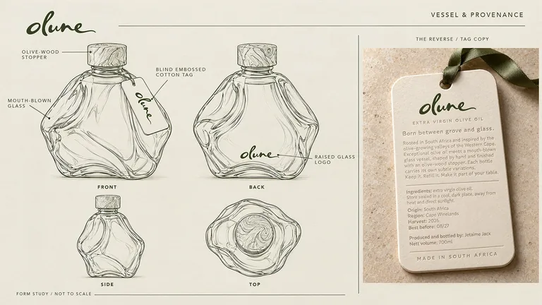 Olune vessel design studies, form sketches, olive-wood cap and provenance tag layout