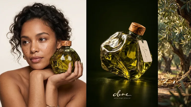 Olune brand triptych, portrait, sculptural bottle and olive grove