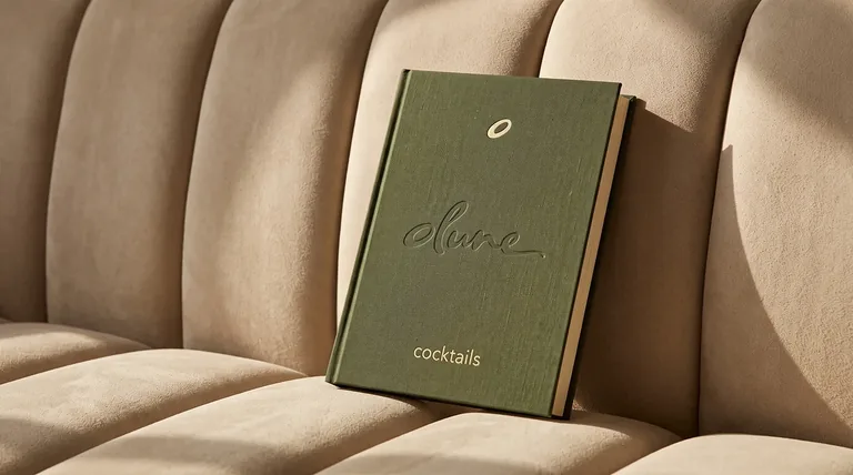 Olune cocktails book, forest-green cover with gold foil and olive emblem