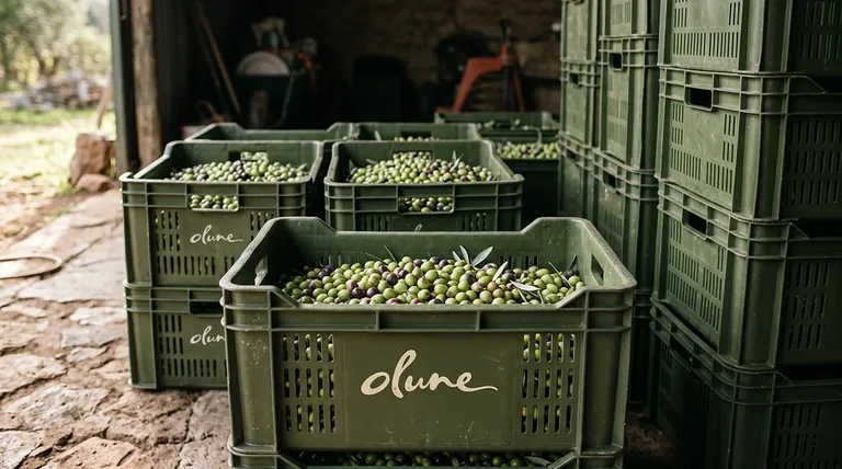 Olune branded produce crates and olive harvest setting