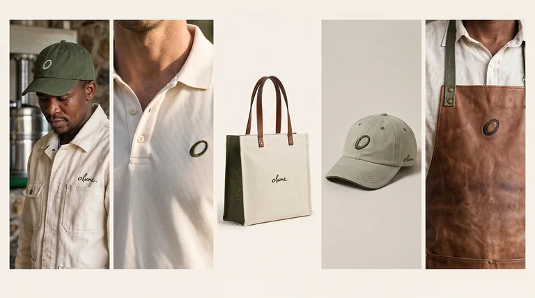 Olune brand applications, workwear, tote bag, cap and apron