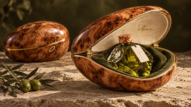 Olune olive-wood presentation case, open to reveal the sculptural oil vessel