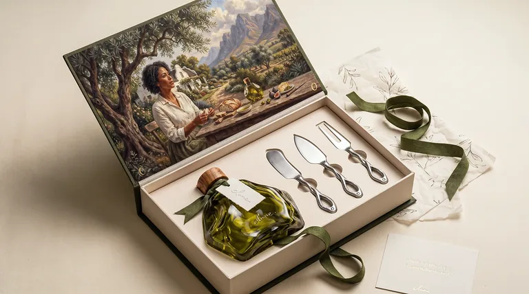 Olune presentation box with a Cape Winelands artwork lining, sculptural vessel and cheese utensils