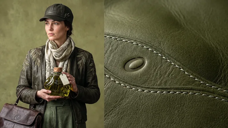 Olune olive emblem on leather accessories and cap, with the refined fashion and material layout