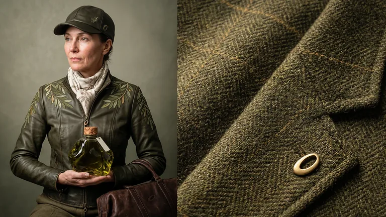 Olune olive-shaped brushed-gold pin on tweed, in the selected fashion and detail layout