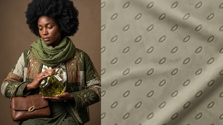Olune apparel, accessories and repeating olive emblem pattern