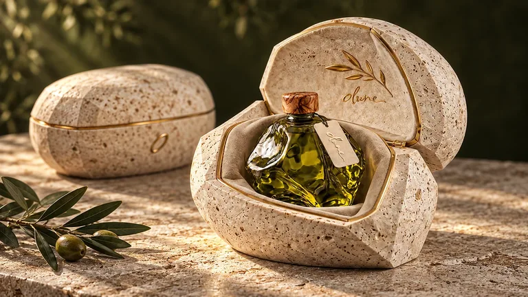 Olune stone presentation case, open with its sculptural glass vessel
