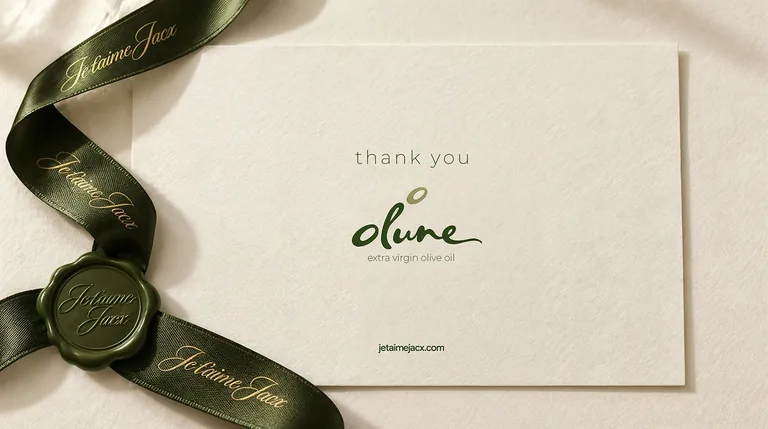 Olune thank-you card with forest-green silk ribbon, gold foil and wax seal